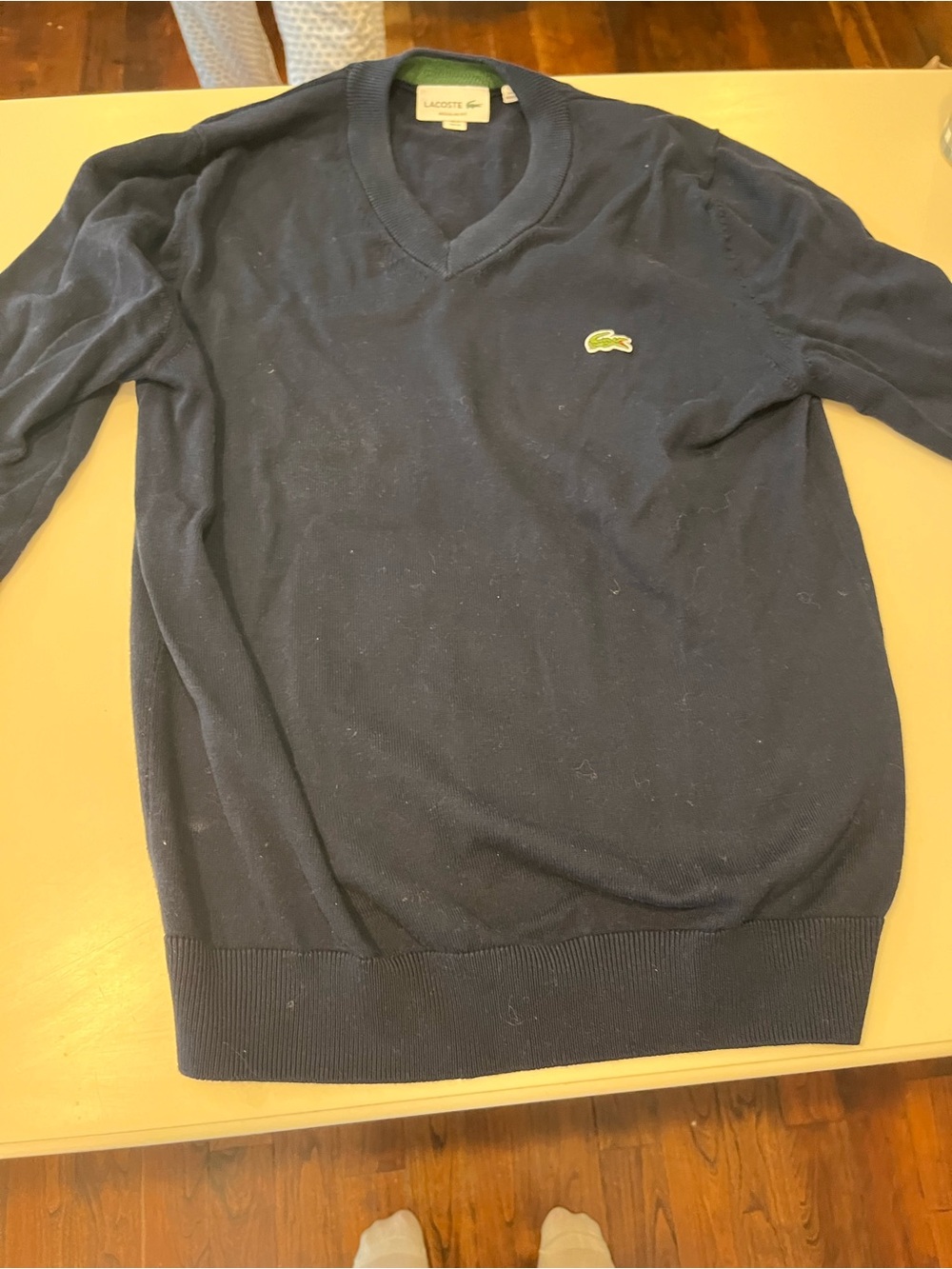 Lacoste women’s Dark Navy V-Neck Cotton Sweater with Green Croc Logo